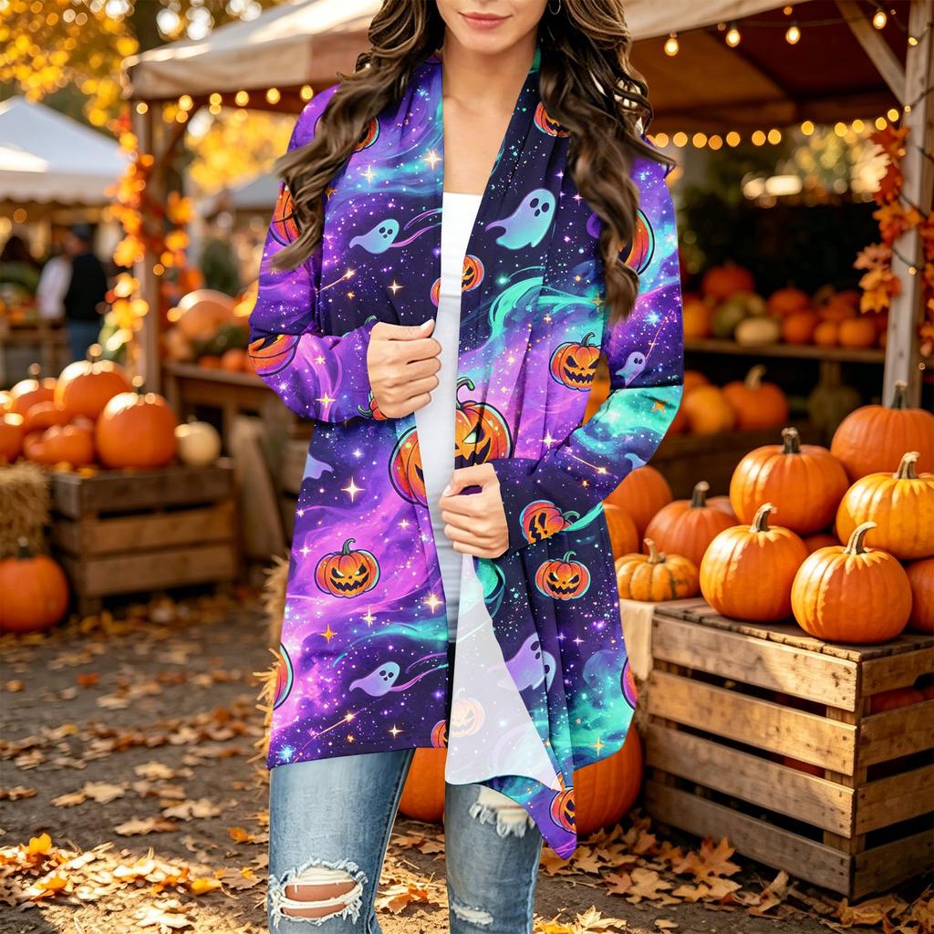 Women's Long Sleeve Cardigan with Halloween Print for Casual Everyday Wear