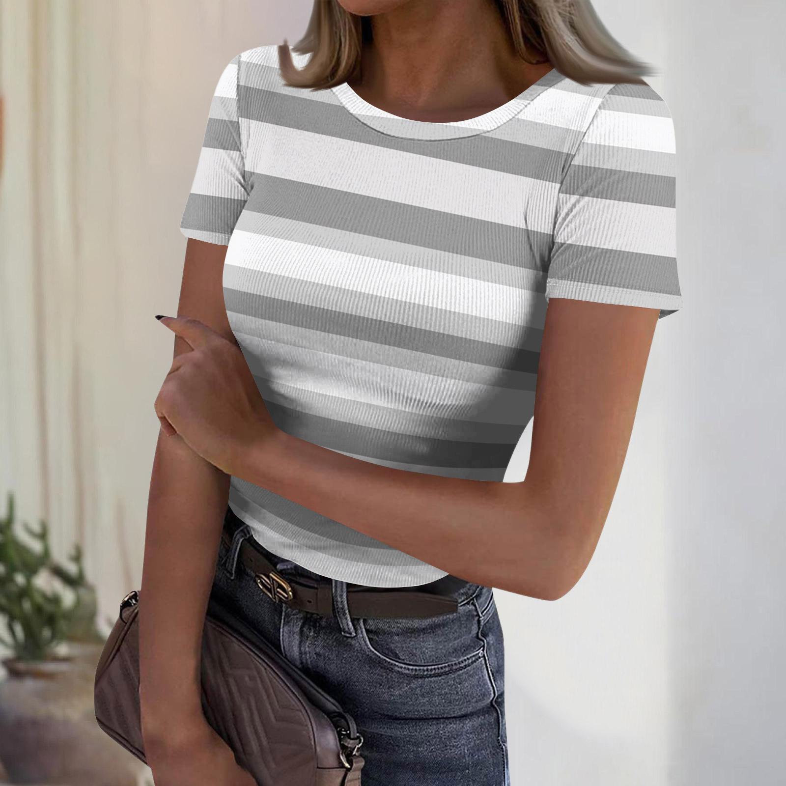 

Women s Casual Fashion Round Neck Striped Print Short Sleeve Ribbed Top L Кіновар