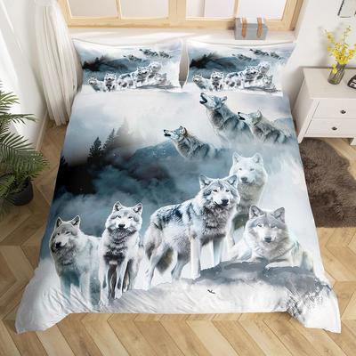 Wolf Comforter Cover King Queen,Safari Animal Bedding Set for Boys Adults Wild Wolves Duvet Cover Smoky Mountain Quilt Cover