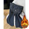 Fleece thickened jeans women's winter pear-shaped body loose high waist thin straight wide-leg pants