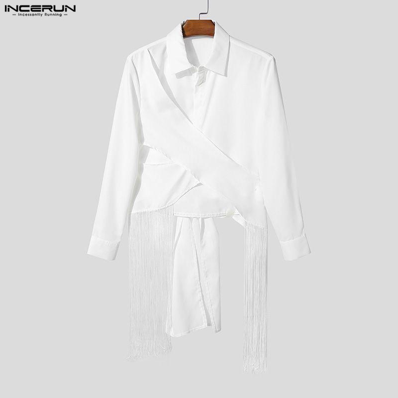 INCERUN Herren Reverskragen Langarm Überkreuzt Vorne Cropped Lässige Quasten Hemden Oberteile