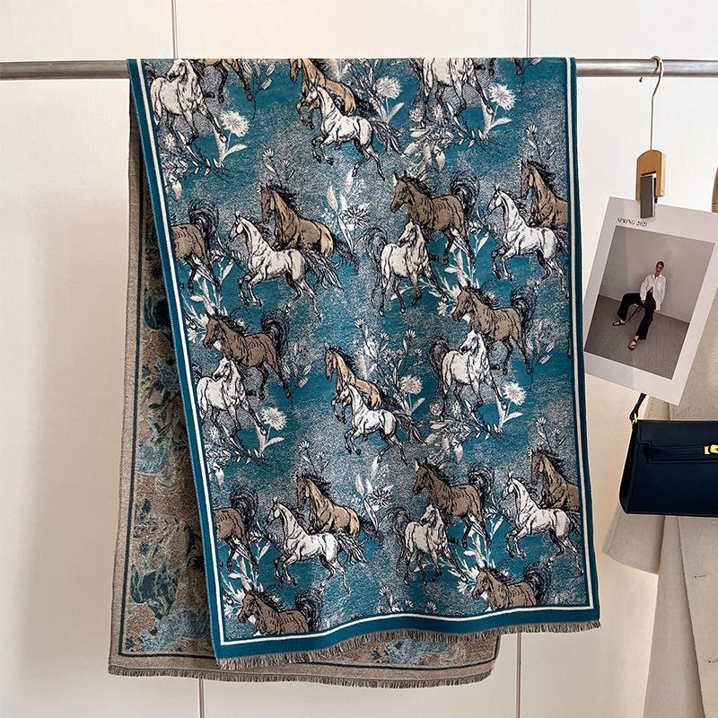 Autumn And Winter National Style Plants And Flowers Landscape Painting Elegant Women Warm Scarf Fashion Retro Shawl