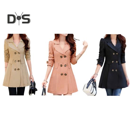 Fall Winter Women Jacket Double Breasted Lapel Mid Length Solid Color Pleated Long Sleeve A Line Tight Waist OL Commute Style Lady Jacket Trench Coat