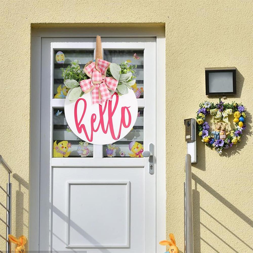 Wooden Round Welcome Sign Door Hanger with Bow Wreath Decoration for Home Entrance