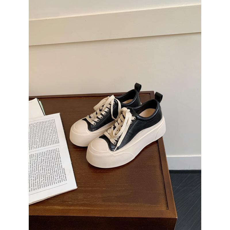Cowhide version~ Versatile round head casual sports board shoes inner height increase thick sole old white shoes women