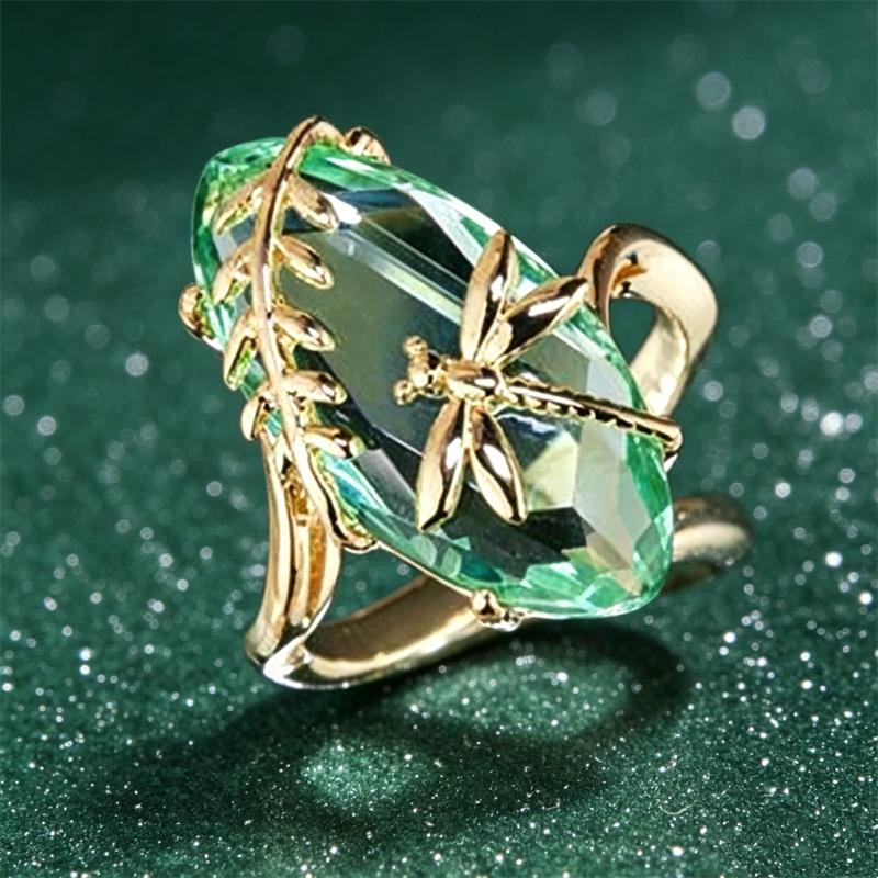 Gorgeous Gold Color Inlaid Green CZ Women's Ring Carving Branch Dragonfly Daily Wear Party Jewelry