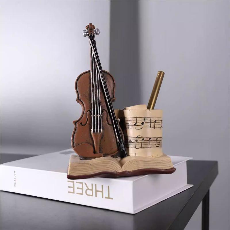 Supporto Espositore per Violino Stile Antico Portapenne e Matite Creativo Organizzatore da Scrivania Unico Ornamento Decorativo per Libreria Vintage