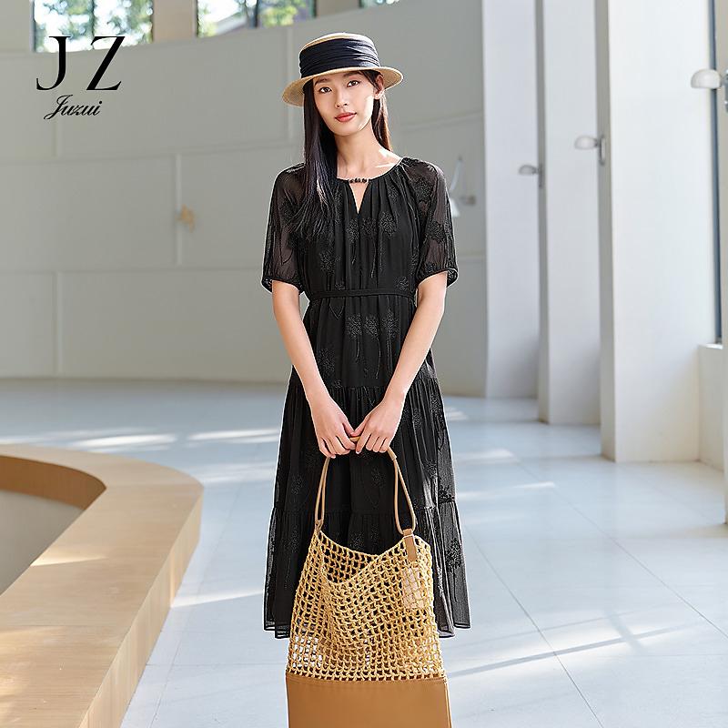 Jiuzi Anna Kou Light Mature Sexy Three Dimensional Embroidered Texture Chiffon Waist Dress for Women 2025 Summer New Style