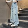 Girls High Waist Wide Leg Denim Pants with Rhinestone Bow Embellishments Loose Fit Straight Cut Casual Trousers for Kids