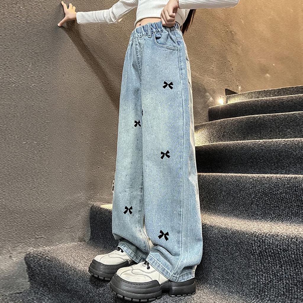 Girls High Waist Wide Leg Denim Pants with Rhinestone Bow Embellishments Loose Fit Straight Cut Casual Trousers for Kids