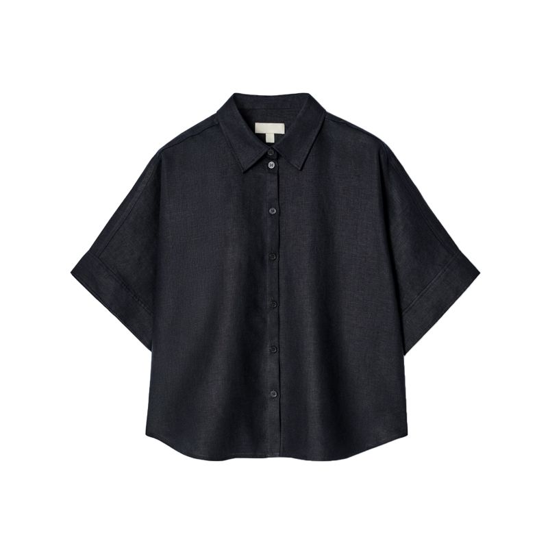 

CS Spring/Summer New Women s Clothing French Style Design Standard Short Sleeve Linen Shirt Tops 1282575 Navy blue 40