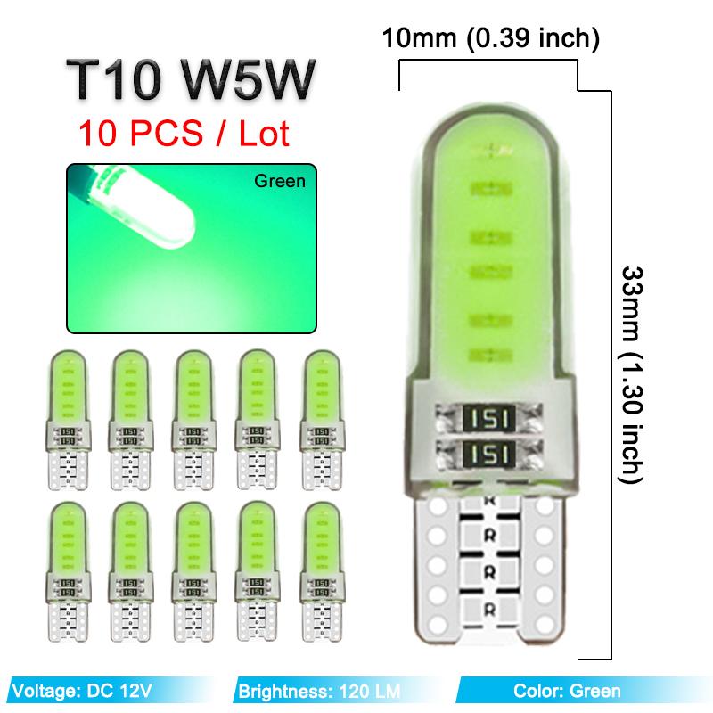 10 PCS T10 W5W LED Bulbs COB 12V 7500K White Car Wedge Side Signal Lights Interior Door Dome Trunk License Plate Lamps Silicone