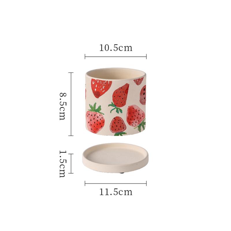 Creative Cartoon Fruit Ceramic Flower Pot Plant Flower Pot with Tray Cylindrical Countertop Flower Pot Living Room Garden Decor