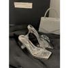 Xia's New Square Head Rhinestone Transparent Crystal Heel with One-word Sandals Women's Open-toed High Heels Wear Cool Slippers