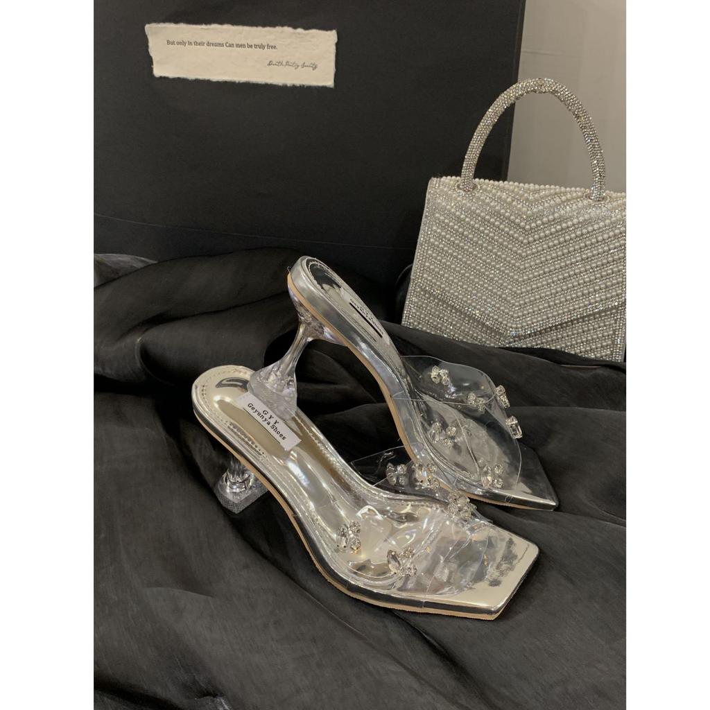 Xia's New Square Head Rhinestone Transparent Crystal Heel with One-word Sandals Women's Open-toed High Heels Wear Cool Slippers