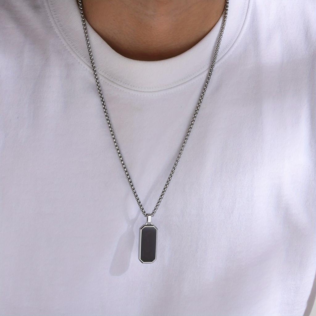Elegant Men's Stainless Steel Necklace with Sleek Black Pendant - Geometric Design, Non-Magnetic
