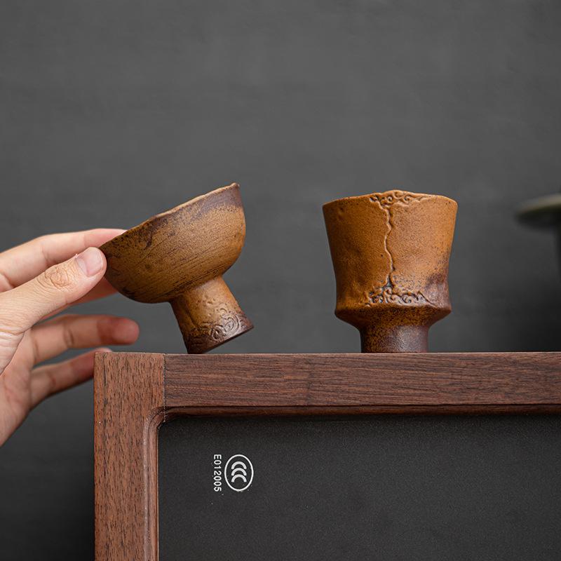 Retro Sauce Glazed Coarse Pottery Teacup Old Rock Mud Master Cup High Feet Meditation Cup Chazhan Mugs Kung Fu Tea Set