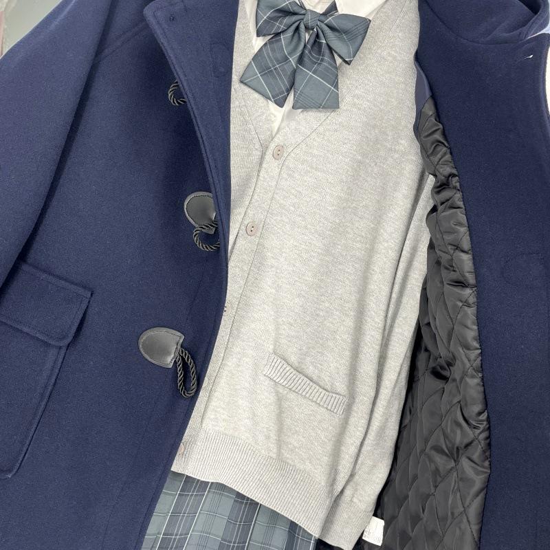 Navy Blue Hooded Woolen Coat: Women's Autumn/Winter College Style with Thick Cotton Padding and Toggle Closure.