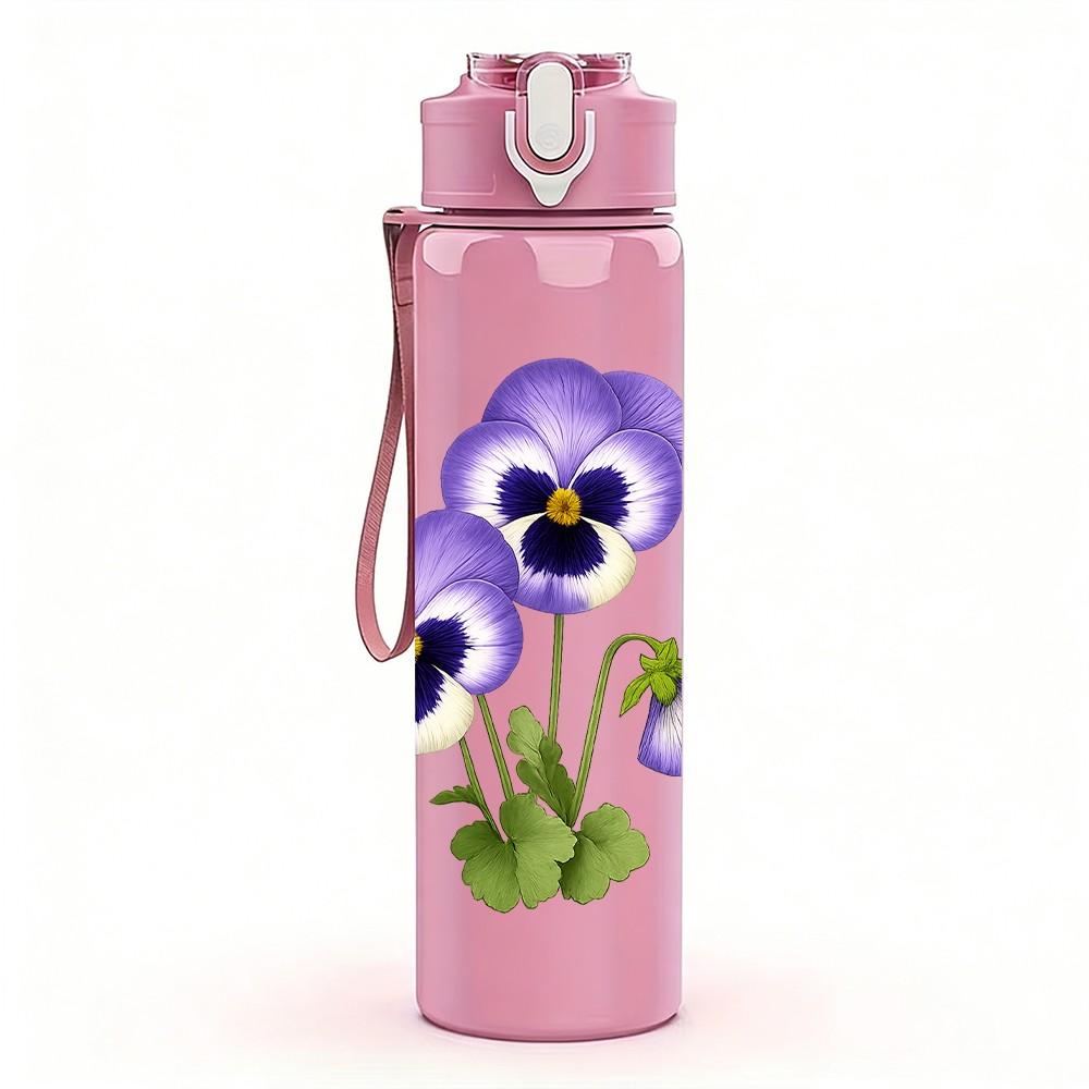 1PC Purple Pansy Flower Bouquet 750ml Color Plastic Sports Water Bottle Leakproof Flip Straw Lid Suitable for Sports Office Home Use