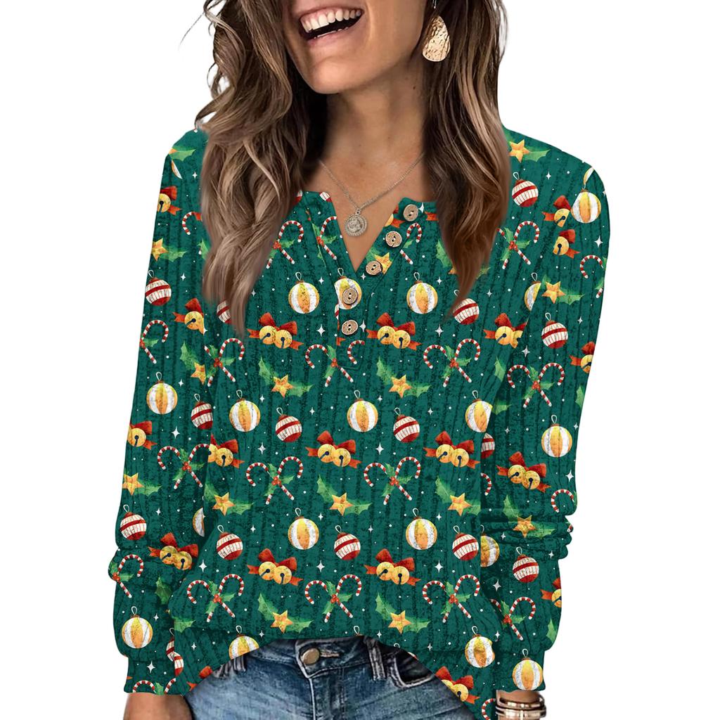 Women's Fashion V-Neck Button-Up T-Shirt With Christmas Print Long-Sleeved Top