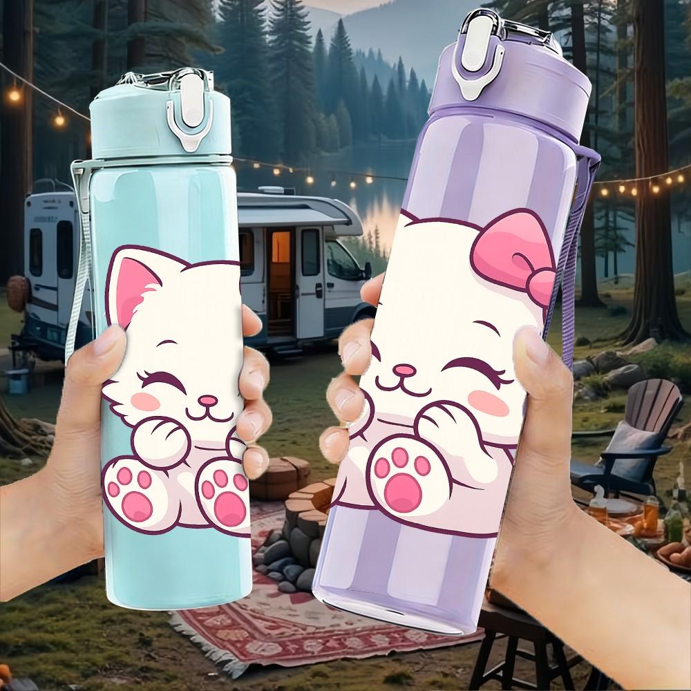 1PC Pink Kitty Cat Cute Cartoon Print 750ml Color Plastic Sports Water Bottle Leakproof Flip Straw Lid Suitable for Sports Office Home Use