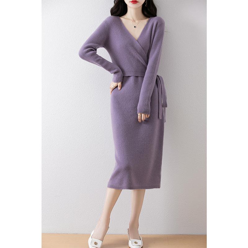 

French V-Neck Long-Sleeve Kimono Collar Wool Sweater Dress for Autumn and Winter M [49-52.5 kg]