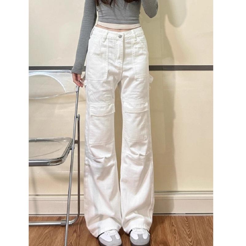 Women's High-Waist American Retro White Wide-Leg Cargo Jeans