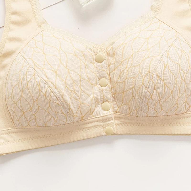 Beige Front Closure Wireless Bra with Leaf Pattern and Wide Straps for Comfort L жёлтый