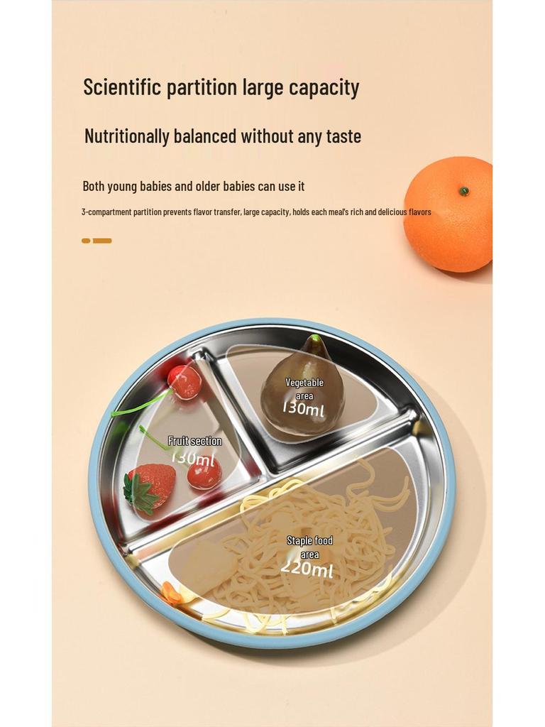Children's Feeding Tableware Set: Stainless Steel Divided Plate with Food-Grade Silicone Suction Bowl and Spoon