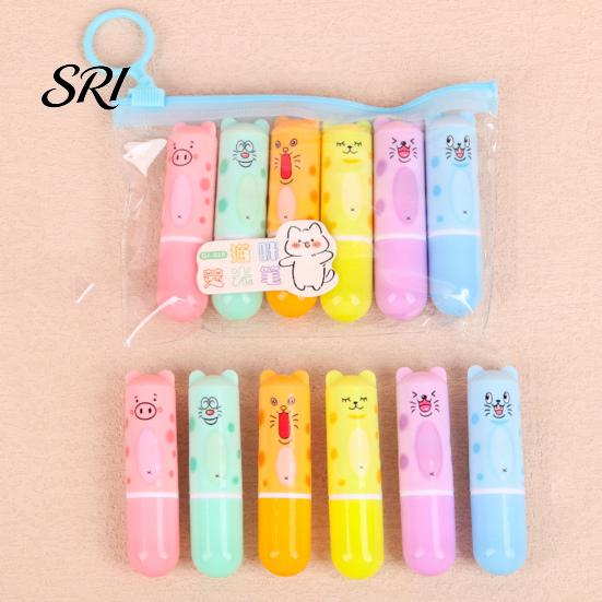Non-dazzling Highlighter 6Pcs Chisel Tip Marker, Cute Marker Pen, Cartoon Macaron Colorful Study Markers No-Bleed Ink for Journaling, Planners,