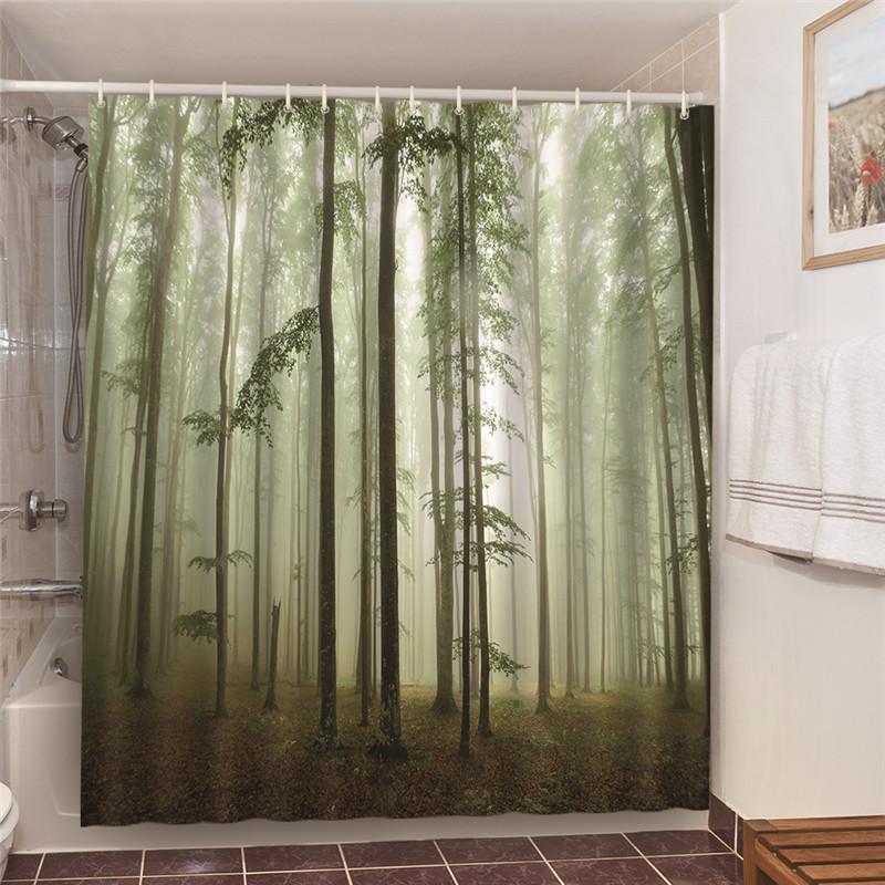 Misty Forest Nordic Style Shower Curtains Set With Hooks Waterproof Green Natural Landscape Home Decoration Bathroom Curtain New