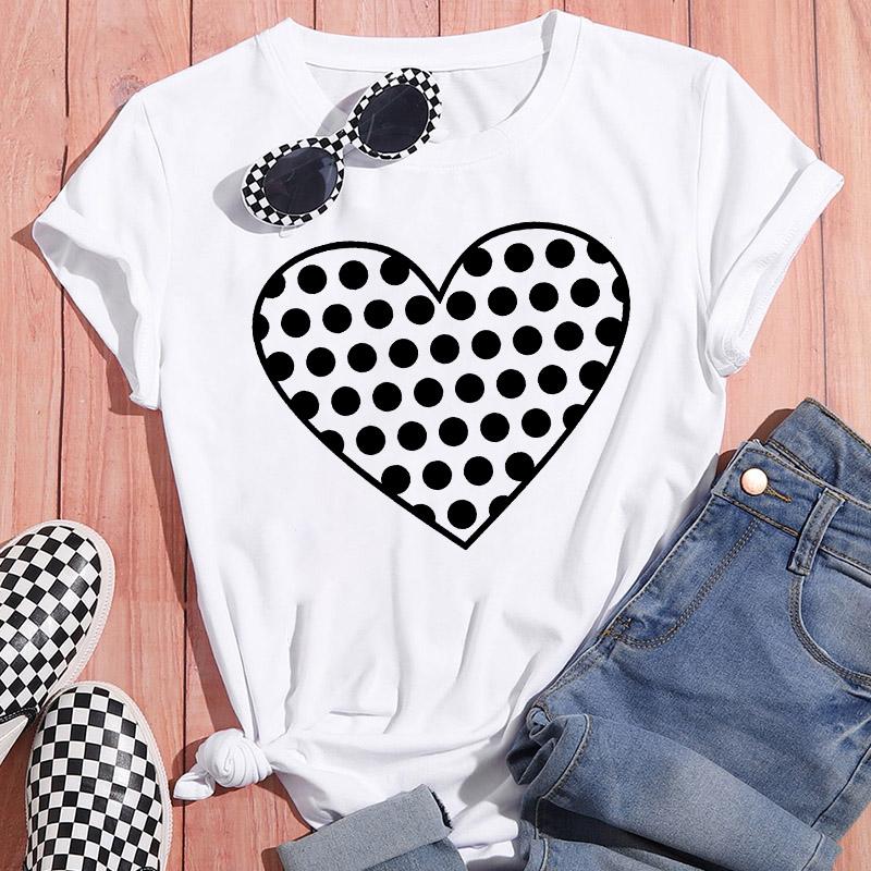 Sportswear Feminine Short Sleeve White Tshirt Clothes Heart Graphic Print T-Shirt Leisure Summer O-Neck Oversized Top Popular T