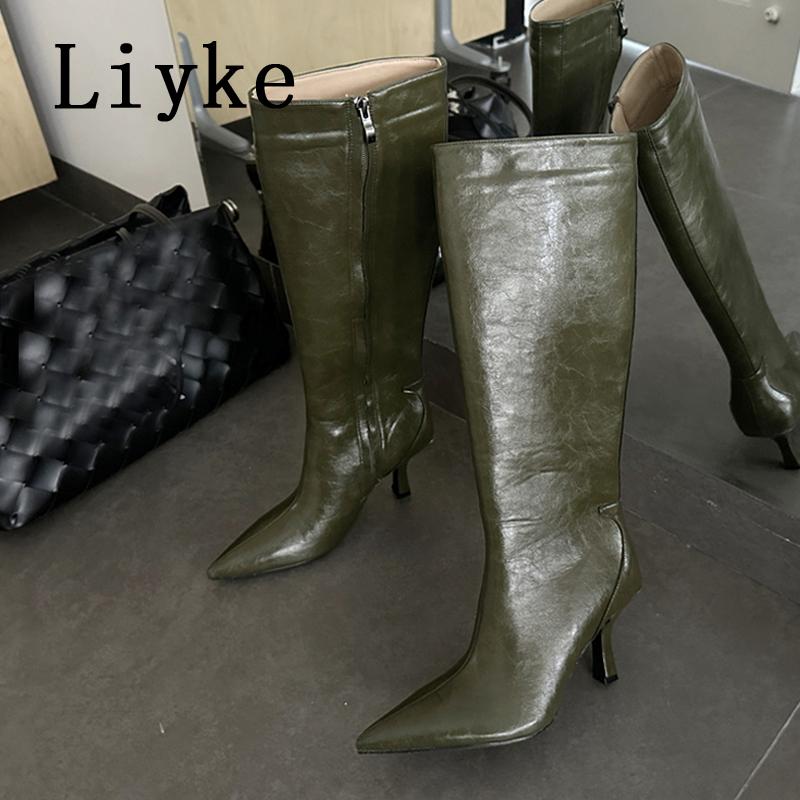 

Модная Liyke Новая Зеленая Обувь Для Женщин Ботфорты Элегантный Острый Носок Молния Модные Ботильоны Женские Вечеринка Низкий Тонкий Каблук Размер 35-43 43 зелёный