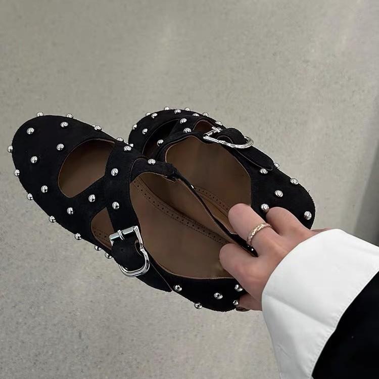 Cowhide version~ Rivet cross one-word buckle flat-soled ballet shoes for women's 2025 new Korean version of round-headed grandma shoes