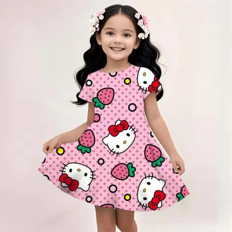 2026 Girl Short-Sleeved Dress Cute Kuromi Hello Kitty print Skirt Summer New Clothes Original Brand Clothing Children's sleep