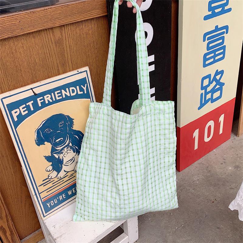 

Summer new fairy bag yellow bubble plaid shoulder bag Japanese small fresh student cloth bag thin зелёный