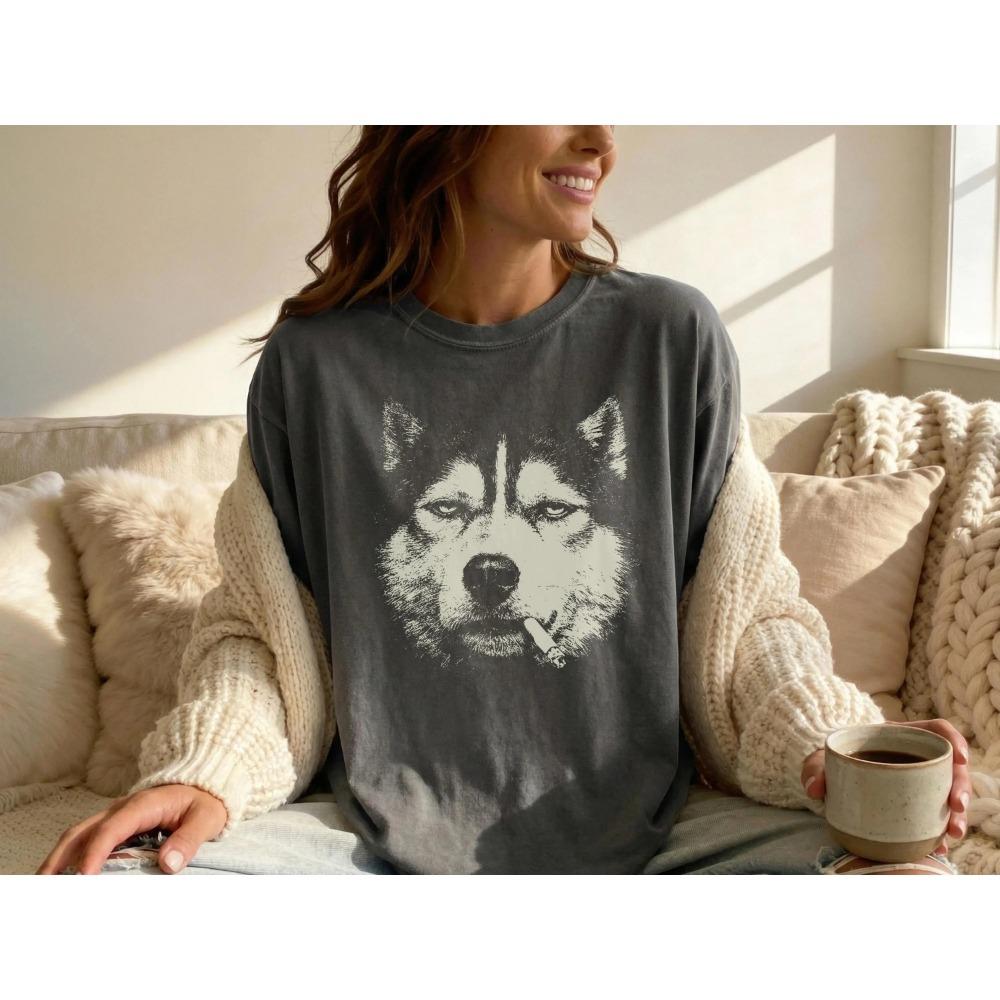 

Plus Size Summer Women s Vintage Smoking Siberian Husky T-Shirt Breathable Stylish Versatile Street Style Oversized M