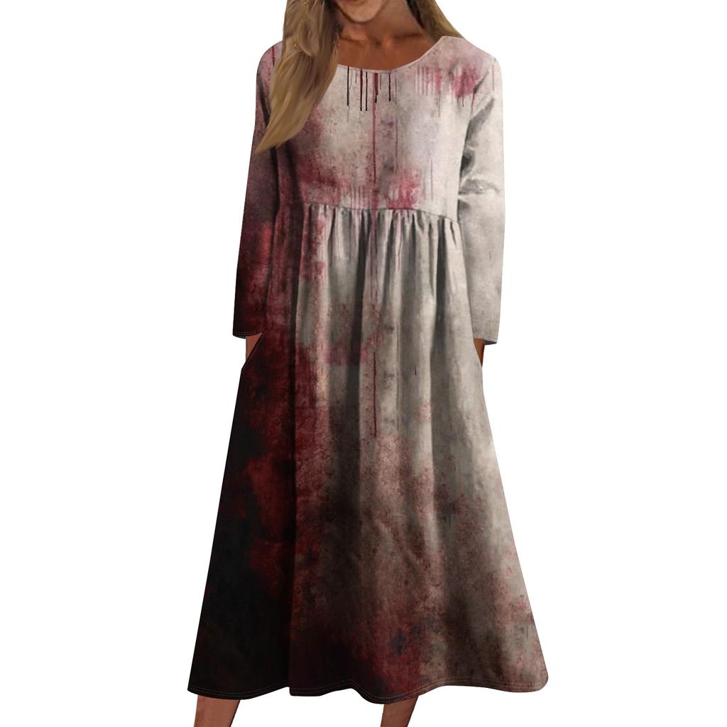 Women's Casual -neck Halloween Print Mid-length Dress Long-sleeved Dress With Pocket