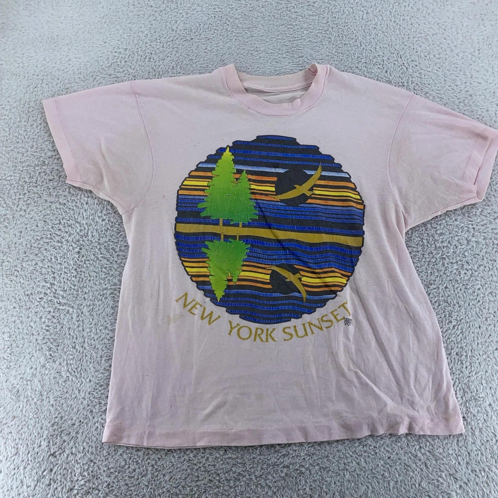 

Vintage New York Sunset Shirt Mens Medium Graphic Trees Nature Outdoors 80s Tee XL