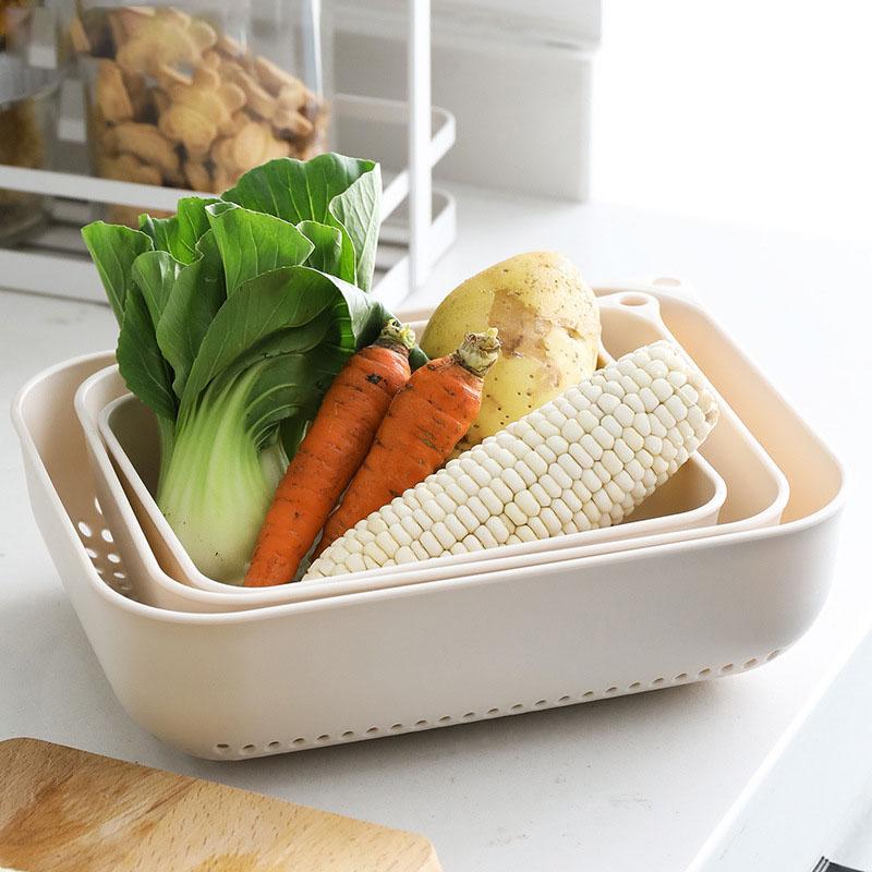 Kitchen Rectangular Plastic Vegetable Washing Basket Drain Basket Water Filter Hollow Fruit Storage Basket Three-piece Set