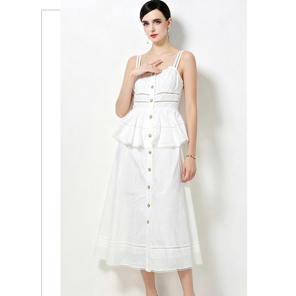 Summer White Sleeveless Spaghetti Strap Dress Women Vintage Button Down Ruffle A-Line Midi Dress Elegant Casual Beach Dress