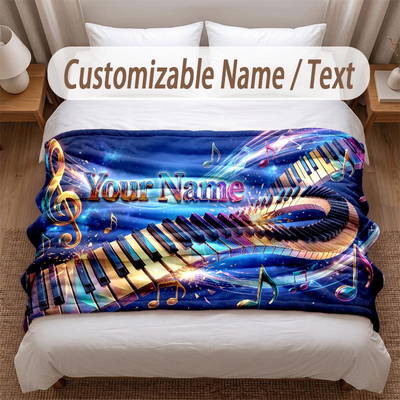 Music Piano Theme Soft Blanket Personalized Custom Name Text Print Warm Blanket Home Sofa Bedroom Decor