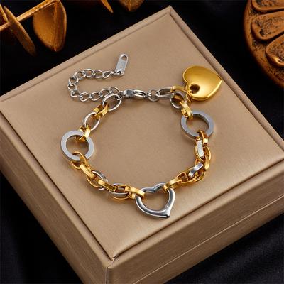 Bracelet à chaîne épaisse bicolore en acier inoxydable pour femmes couple amour cœur bijoux géométriques cadeau
