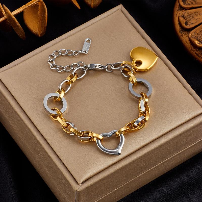Stainless Steel Bicolor Thick Chain Bracelet for Women Couple Love Heart Geometric Jewelry Gift