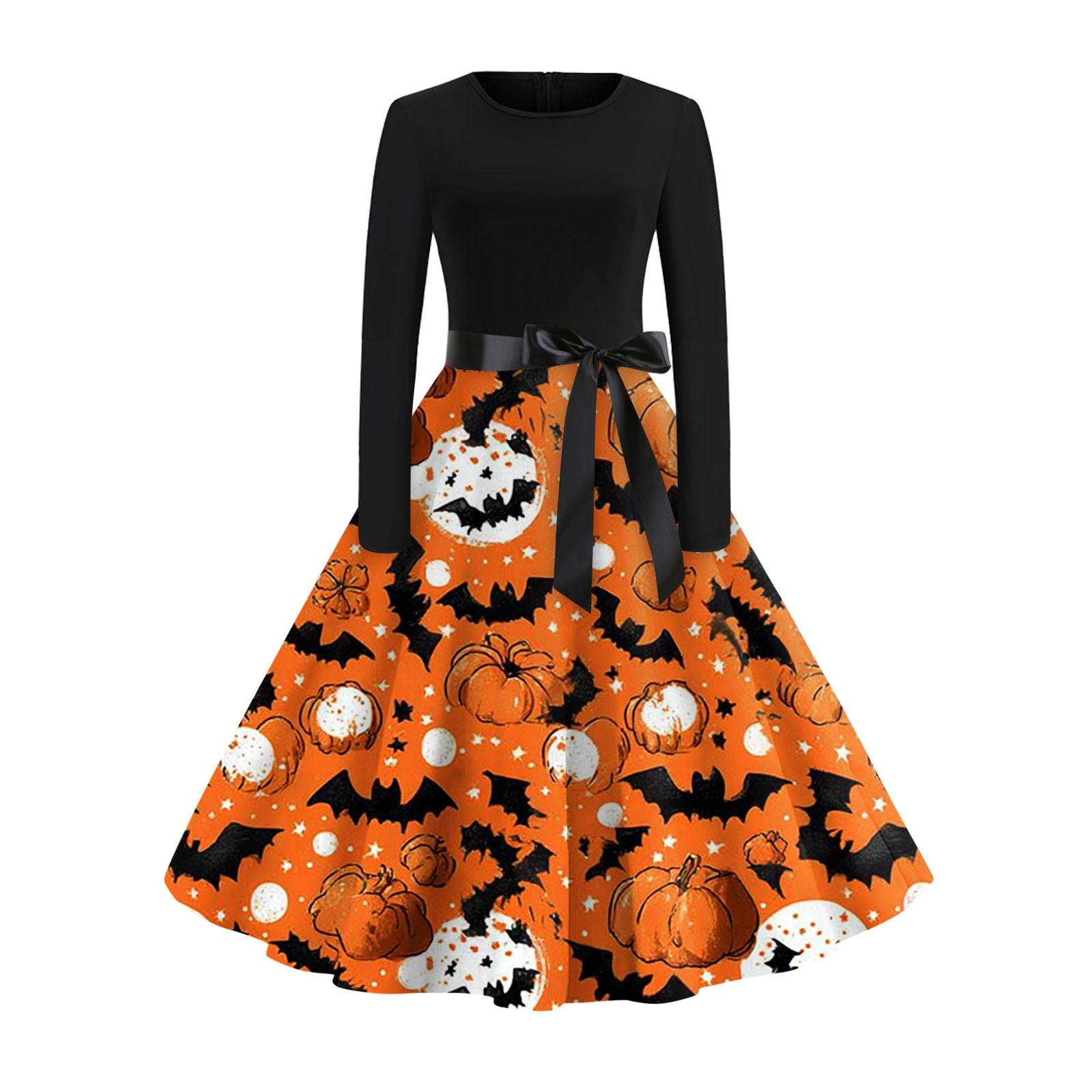 

Women s Fashion Casual Round Neck Halloween Print Long Sleeve Dress S жовтий
