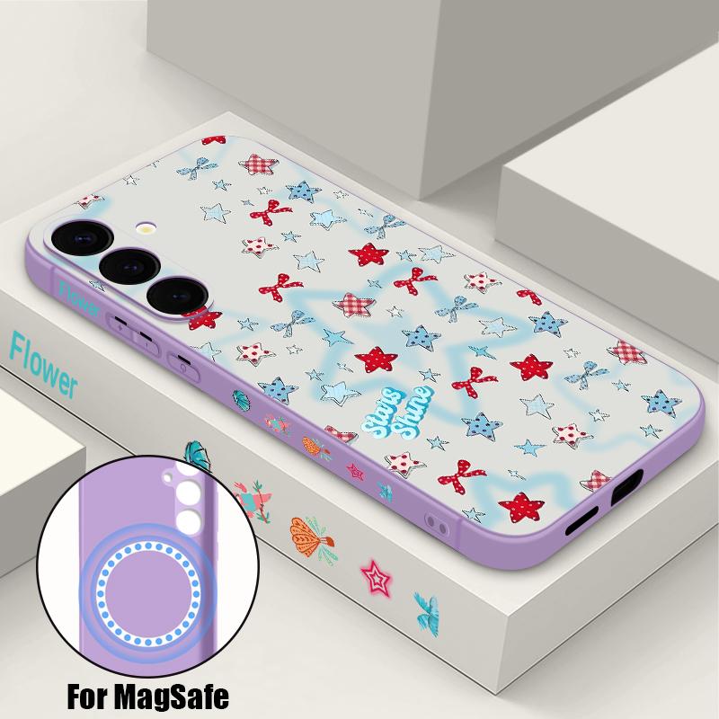 Blue Stars Bowknots Pattern Case For Samsung Galaxy S25 Ultra S24 S23 S22 Plus S21 S25 FE Magnetic For Magsafe Soft Silicone Cover