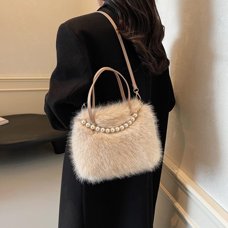 Yogodlns Moda Inverno Borse a Tracolla in Pelliccia Sintetica per Regalo da Donna, Borsa a Spalla Decorata con Catena di Perle, Borse da Donna Borsa Top-handel