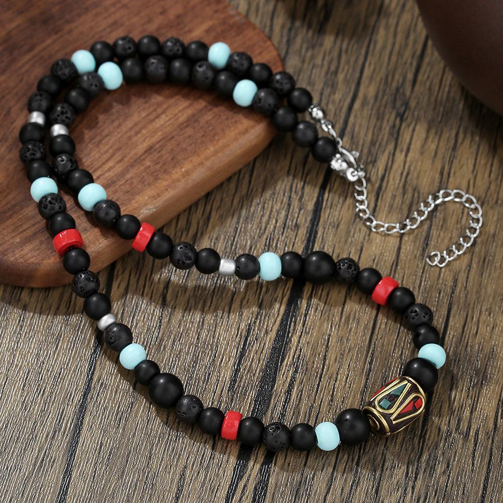 Bohemian Natural Stone Beads Necklace Retro Black Round Beads Necklace For Men Fashion Summer Jewelry Accessories