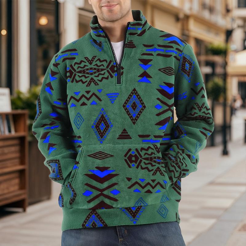 Men's Autumn Winter New Style Best Selling Geometric Pattern Stand Collar Thickened Long Sleeve Half Zipper Pullover Hoodie