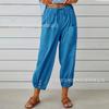 Women's High Waist Linen Pants Loose Fit Cropped Trousers Solid Drawstring Button Casual Fall Harem Pants